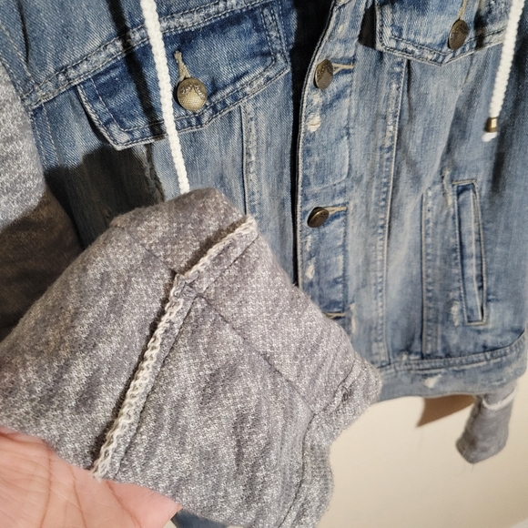 Free People | Distressed Denim Jacket S Grunge Hooded Streetwear Skater Hybrid - Picture 4 of 10